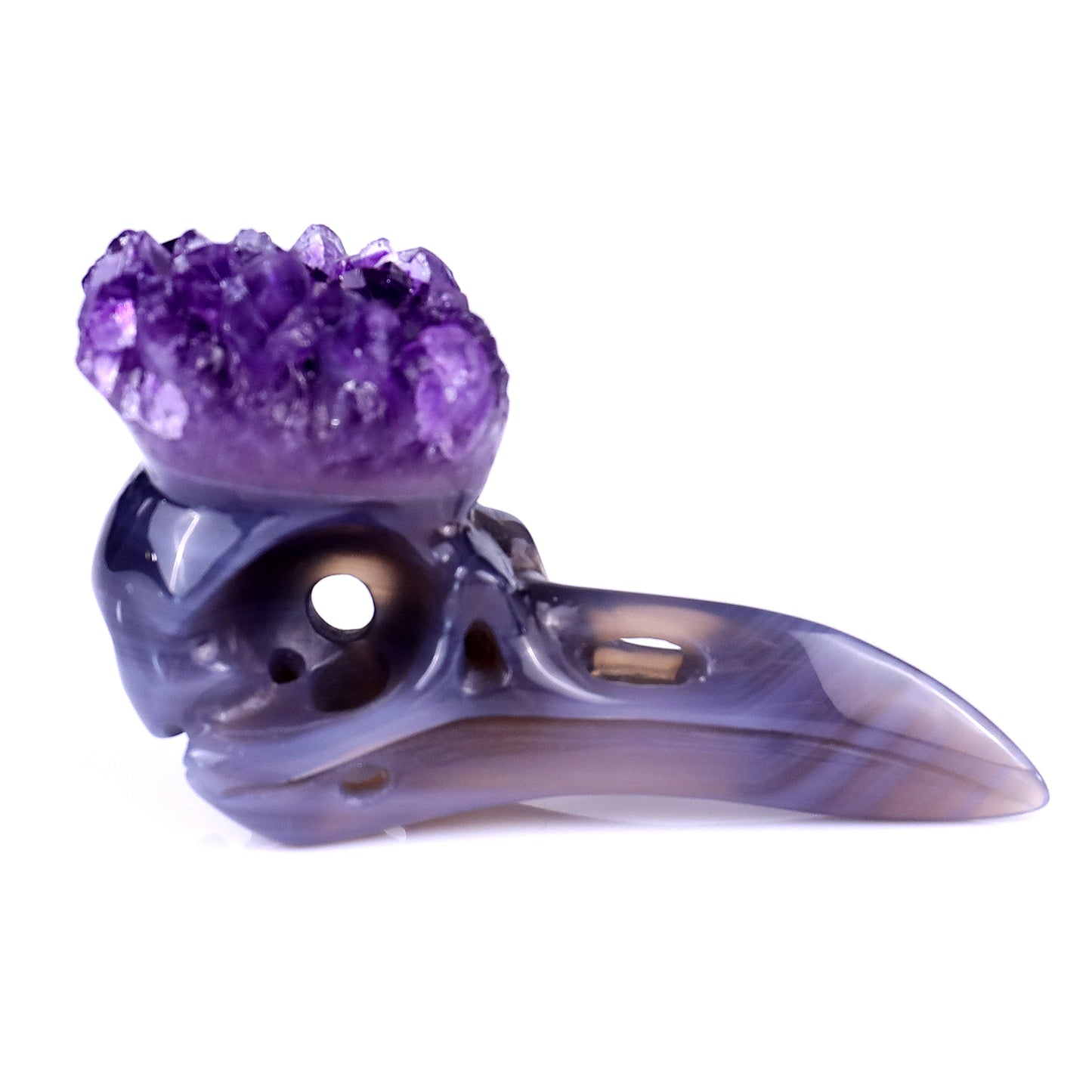 3.4" Amethyst Druse Agate Hand Carved Crystal Raven Skull Sculpture Crystallumi