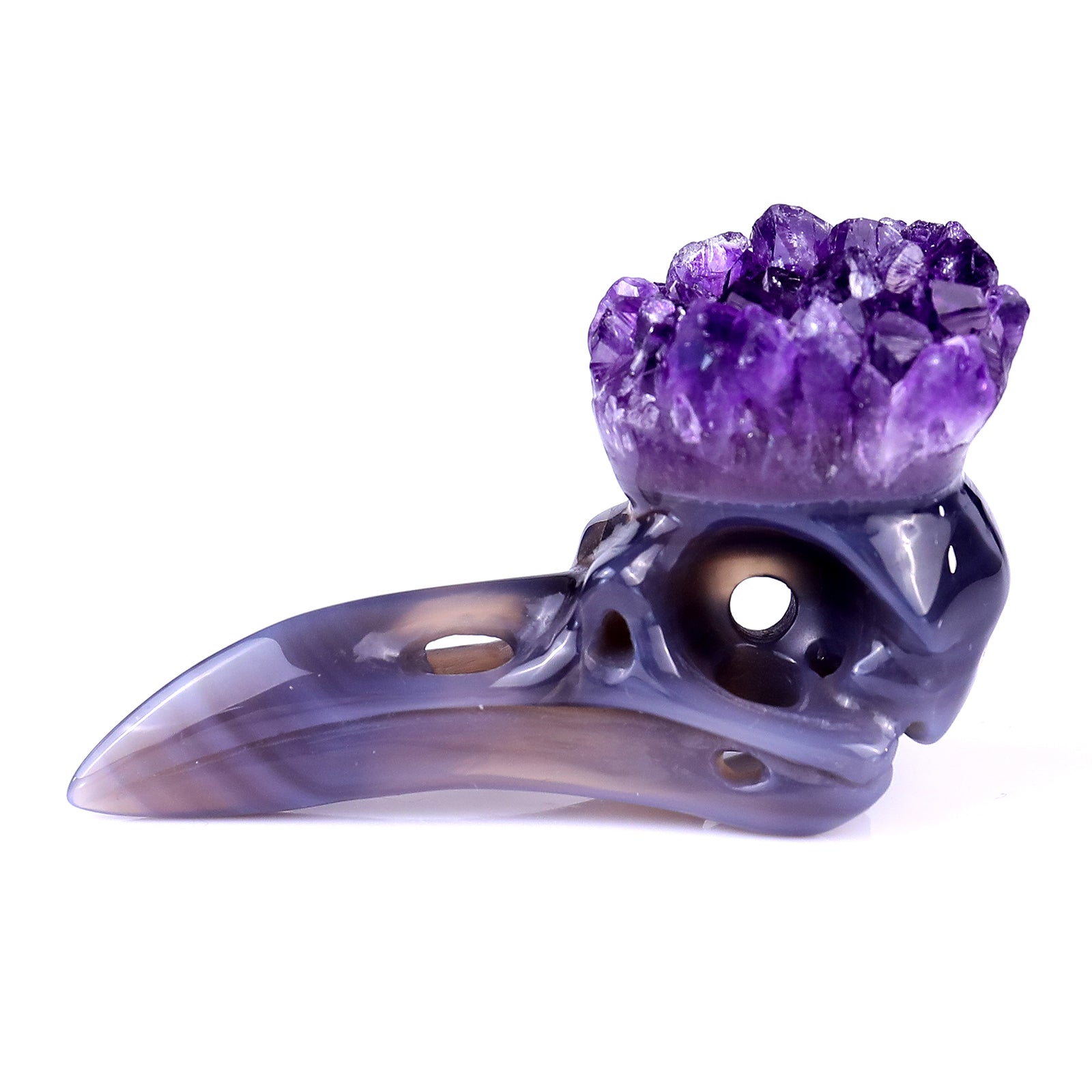 3.4" Amethyst Druse Agate Hand Carved Crystal Raven Skull Sculpture Crystallumi