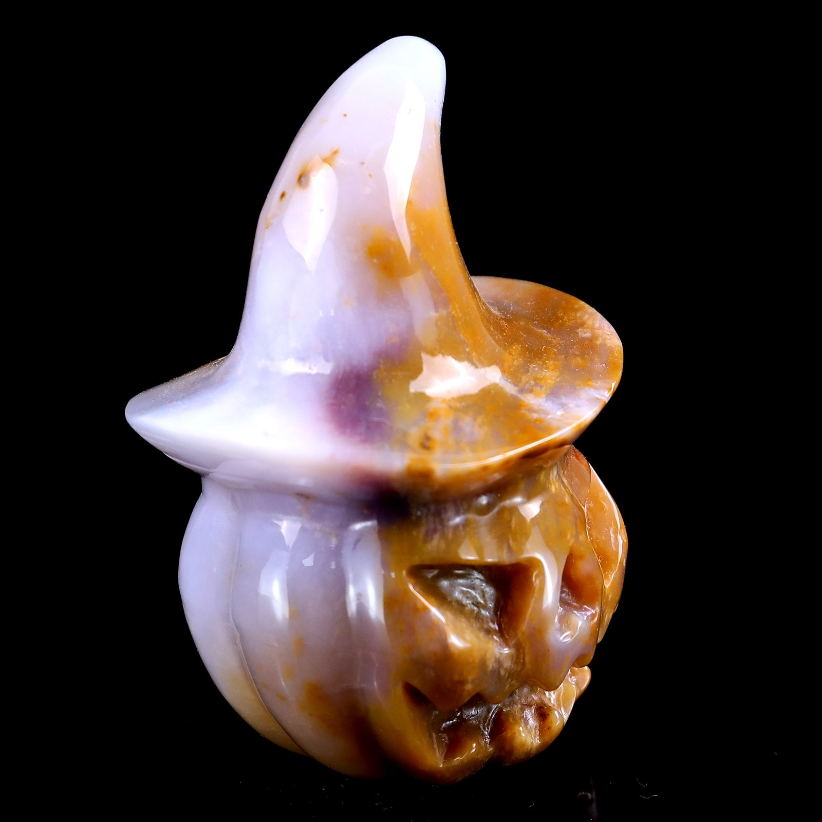 3.4” Natural Chalcedony Hand Carved Crystal Wizard Pumpkin Sculpture, Halloween Gift Crystallumi