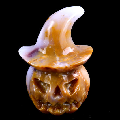 3.4” Natural Chalcedony Hand Carved Crystal Wizard Pumpkin Sculpture, Halloween Gift Crystallumi