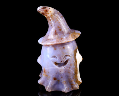 3.6” Natural Chalcedony Hand Carved Crystal Wizard Ghost Sculpture, Halloween Gift Crystallumi