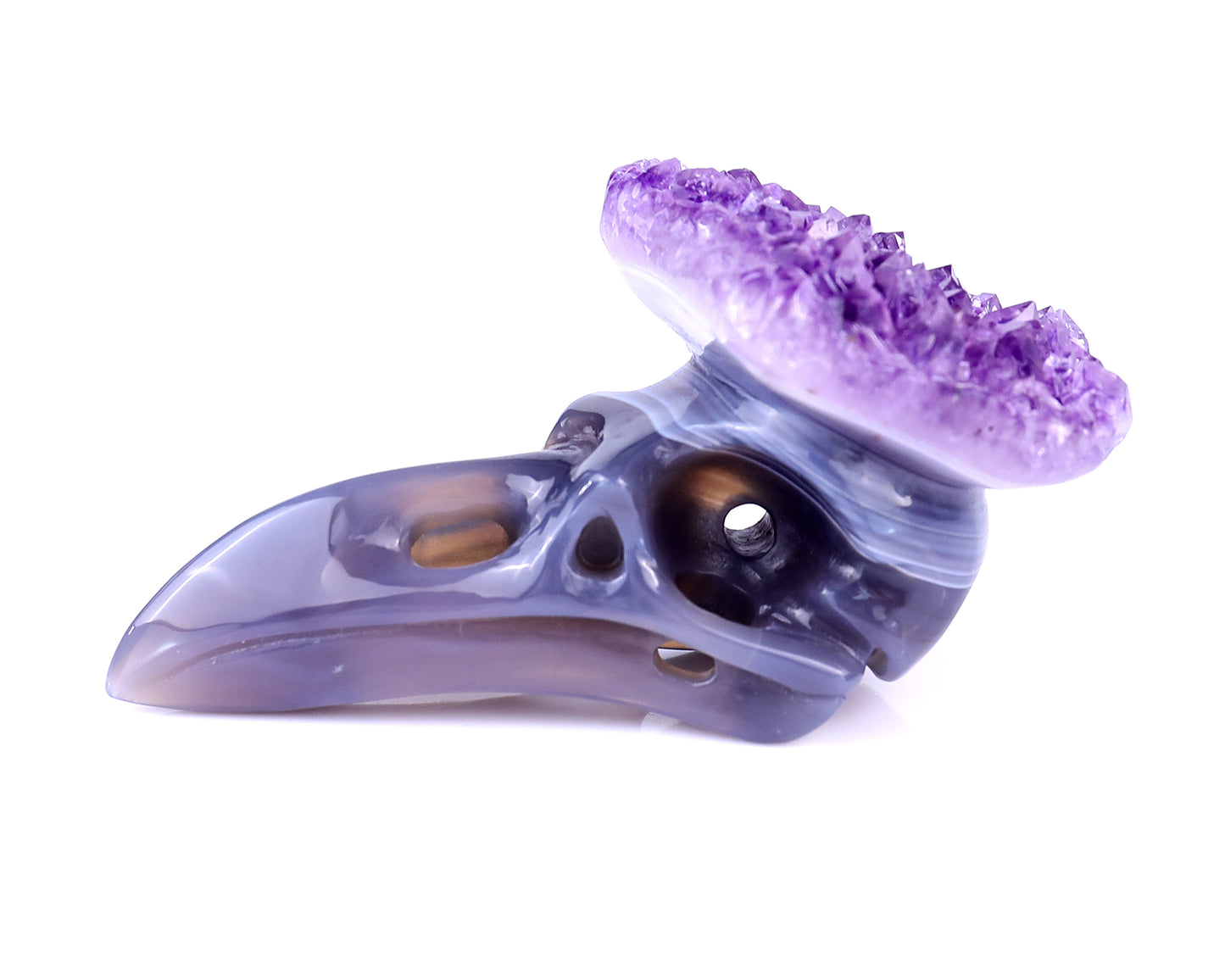 3.7" Amethyst Druse Agate Hand Carved Crystal Raven Skull Sculpture Crystallumi