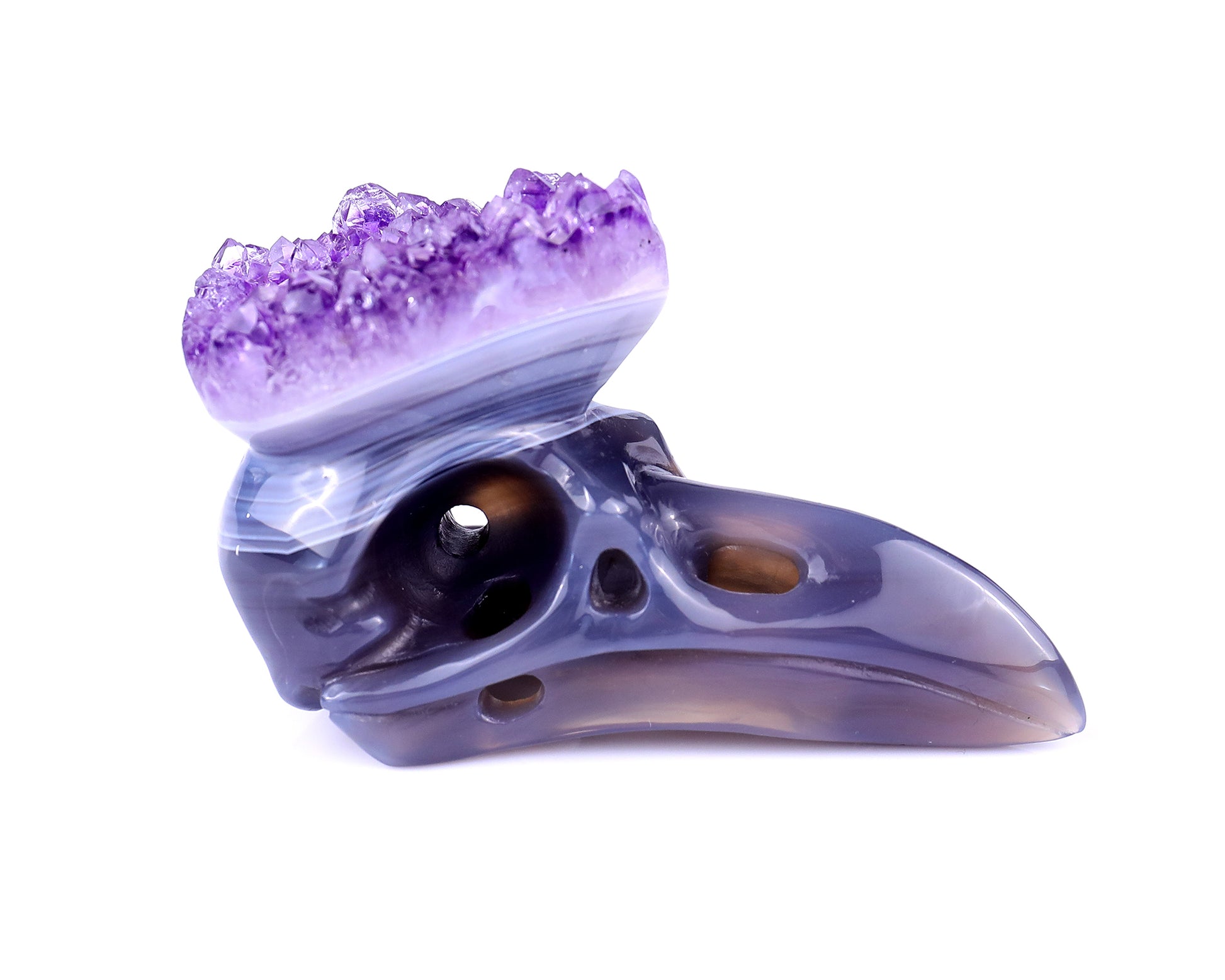 3.7" Amethyst Druse Agate Hand Carved Crystal Raven Skull Sculpture Crystallumi