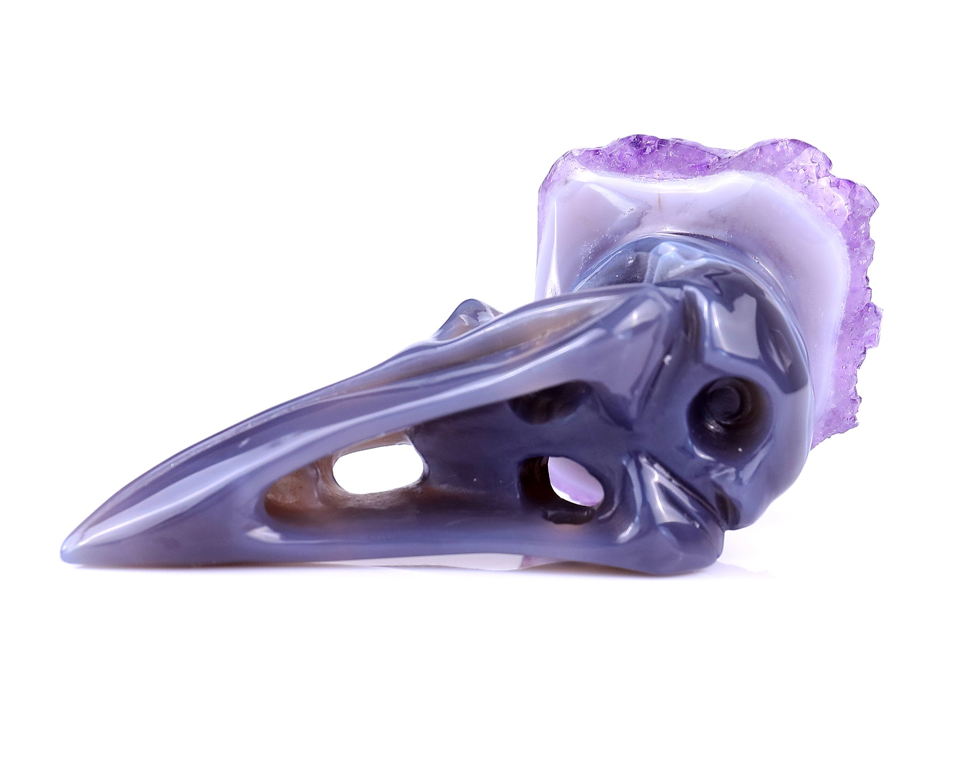 3.7" Amethyst Druse Agate Hand Carved Crystal Raven Skull Sculpture Crystallumi