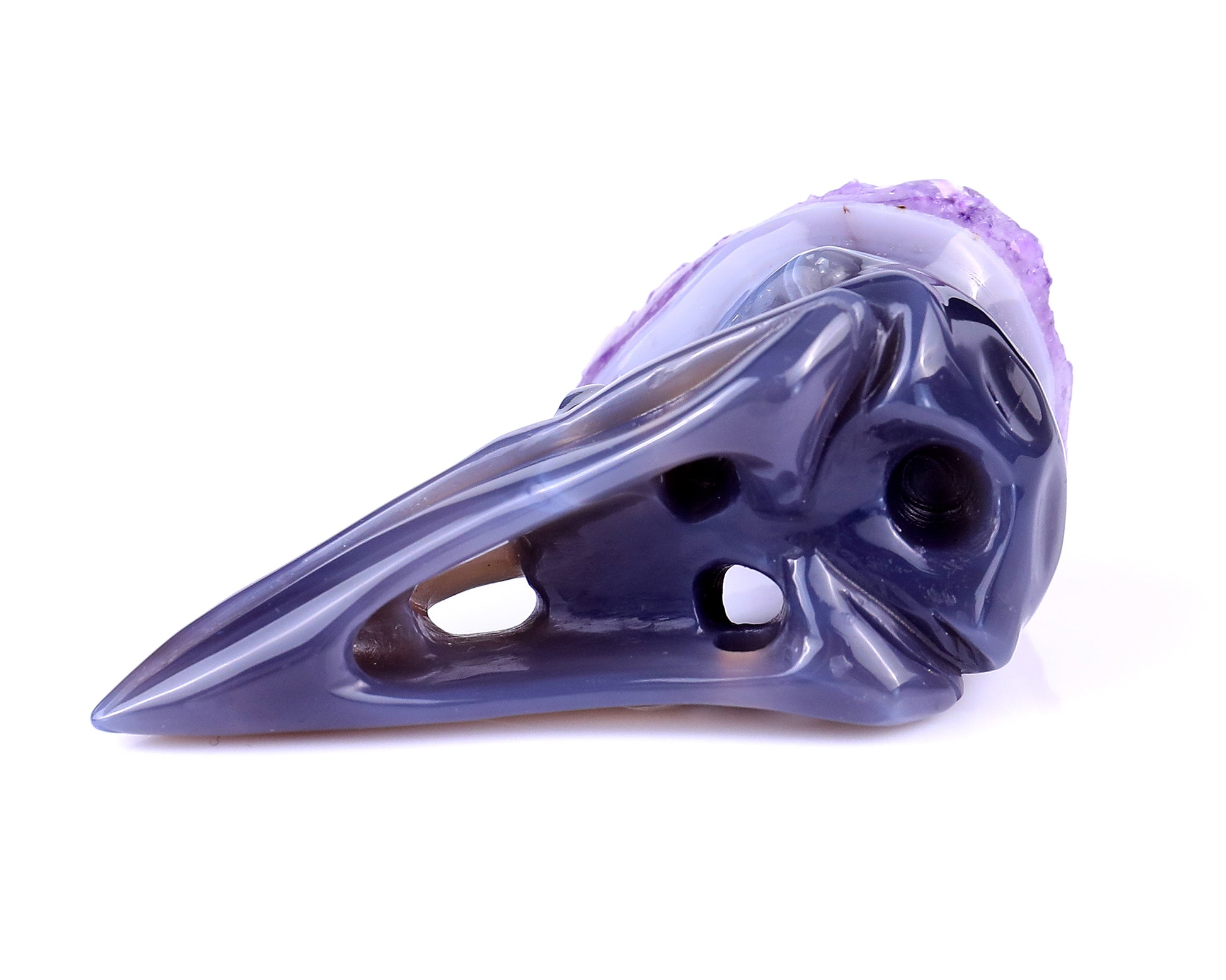 3.7" Amethyst Druse Agate Hand Carved Crystal Raven Skull Sculpture Crystallumi