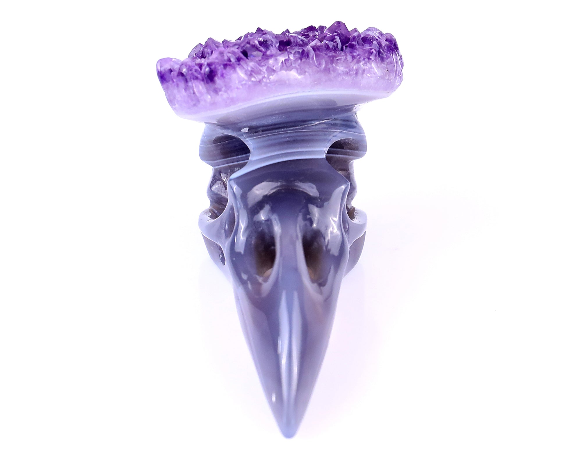 3.7" Amethyst Druse Agate Hand Carved Crystal Raven Skull Sculpture Crystallumi