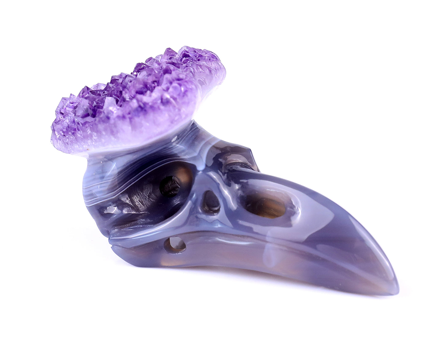 3.7" Amethyst Druse Agate Hand Carved Crystal Raven Skull Sculpture Crystallumi