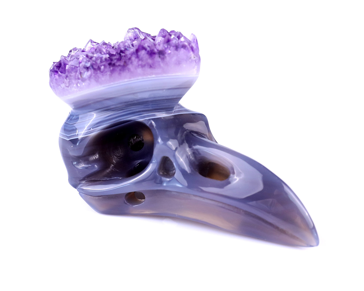 3.7" Amethyst Druse Agate Hand Carved Crystal Raven Skull Sculpture Crystallumi