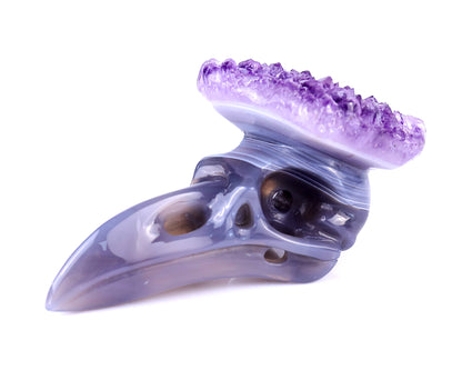 3.7" Amethyst Druse Agate Hand Carved Crystal Raven Skull Sculpture Crystallumi