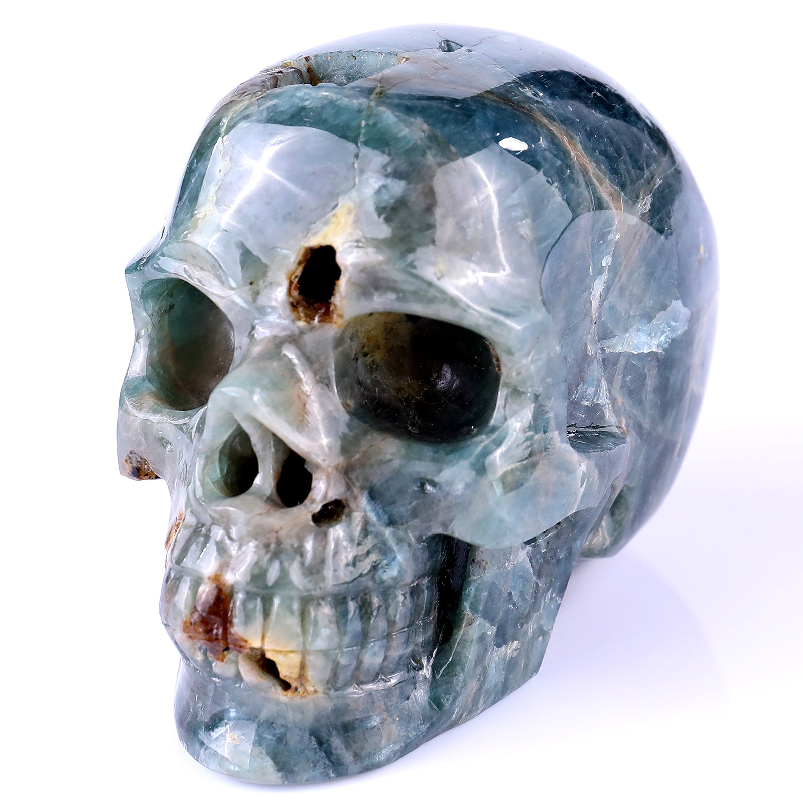 3.7" Blue Apatite Hand Carved Crystal Realistic Skull Sculpture Crystallumi