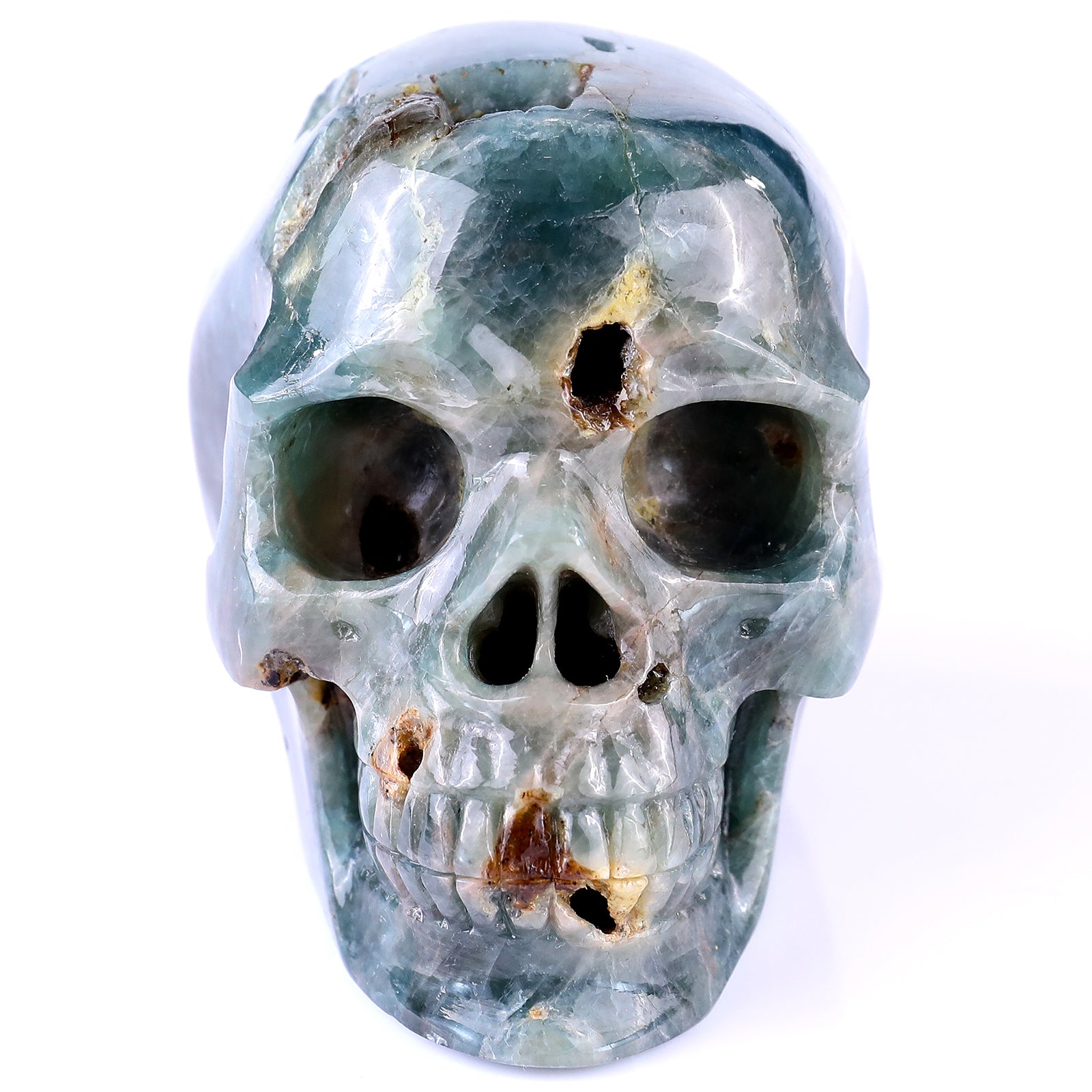 3.7" Blue Apatite Hand Carved Crystal Realistic Skull Sculpture Crystallumi