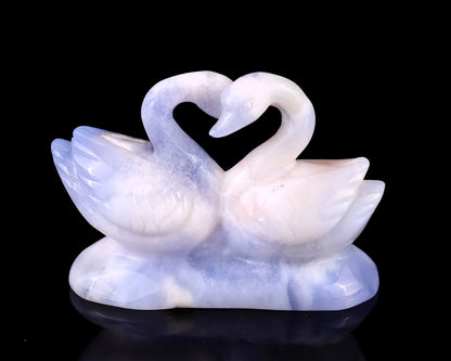 3.7" Blue Chalcedony Hand Carved Crystal Swans Sculpture Crystallumi