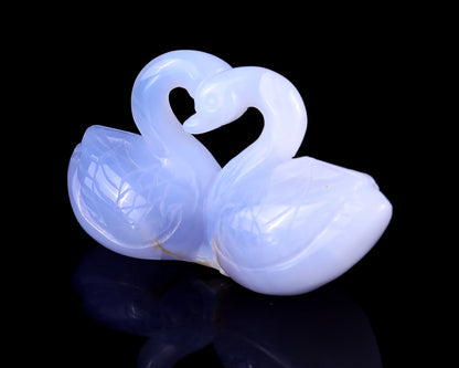 3.7" Blue Chalcedony Hand Carved Crystal Swans Sculpture Crystallumi