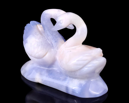 3.7" Blue Chalcedony Hand Carved Crystal Swans Sculpture Crystallumi