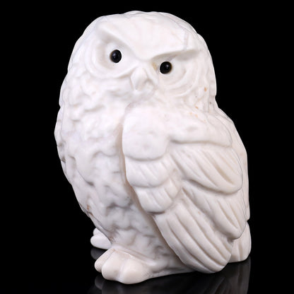 3.7" White Jade Hand Carved Crystal Owl Sculpture Crystallumi