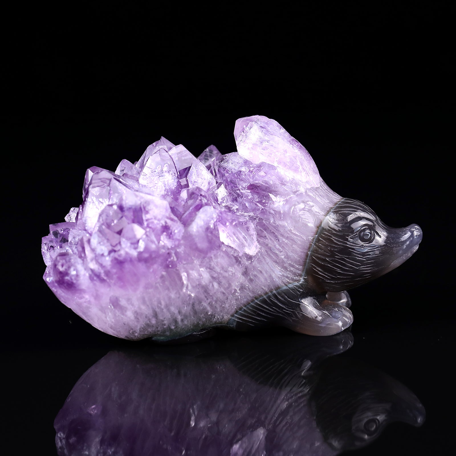 3.8"Amethyst Druse Agate Hand Carved Crystal Hedgehog Sculpture Crystallumi