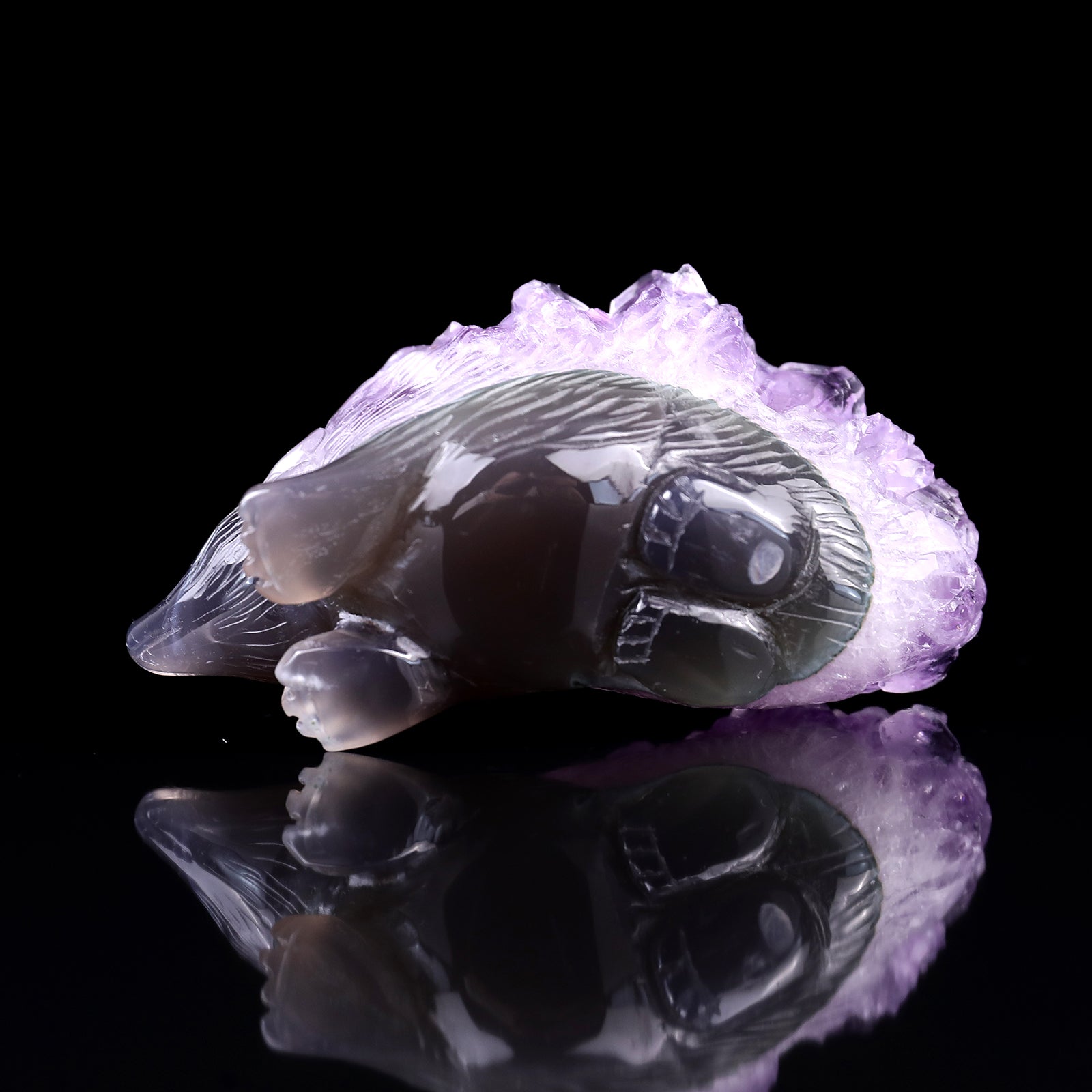 3.8"Amethyst Druse Agate Hand Carved Crystal Hedgehog Sculpture Crystallumi