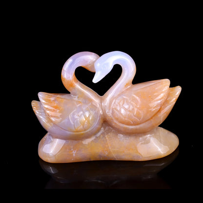 3.8" Chalcedony Hand Carved Crystal Swans Sculpture Crystallumi