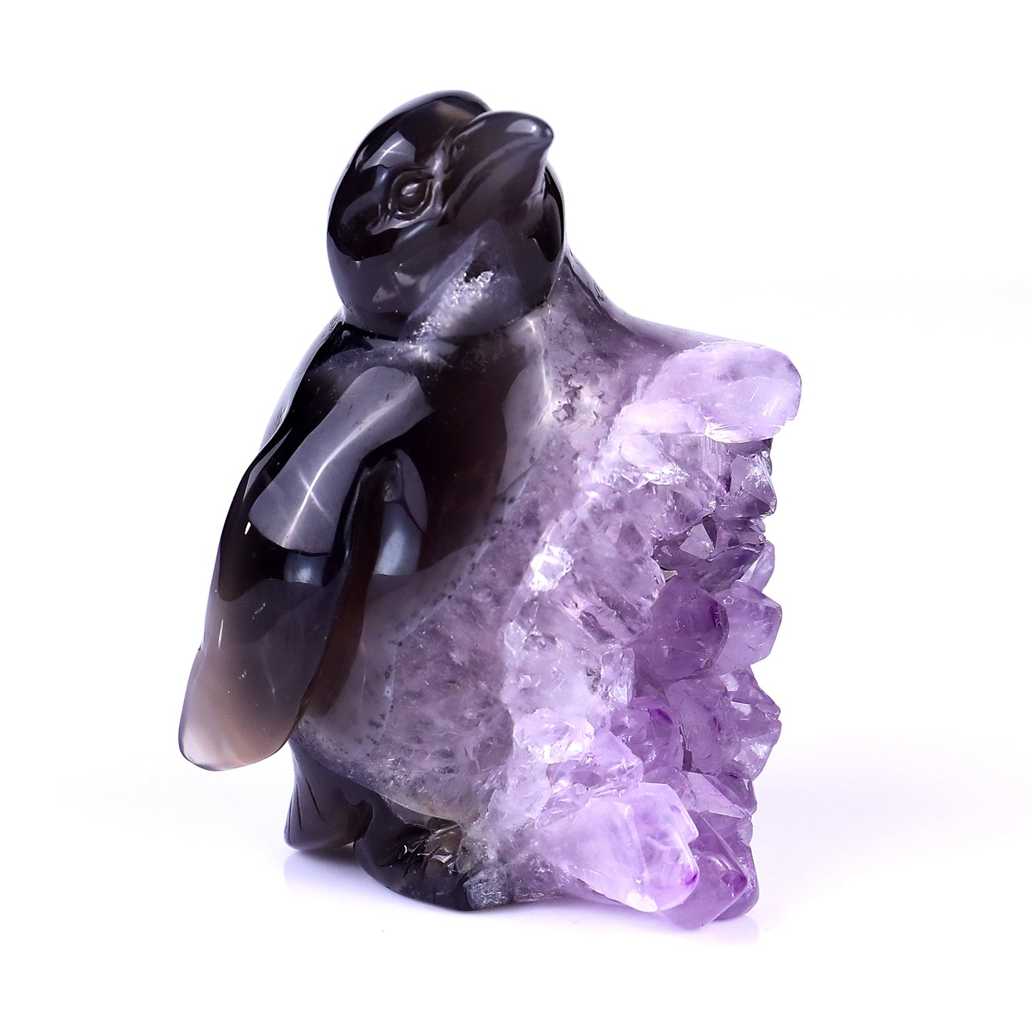 3.9" Amethyst Druse Agate Hand Carved Crystal Penguin Sculpture Crystallumi