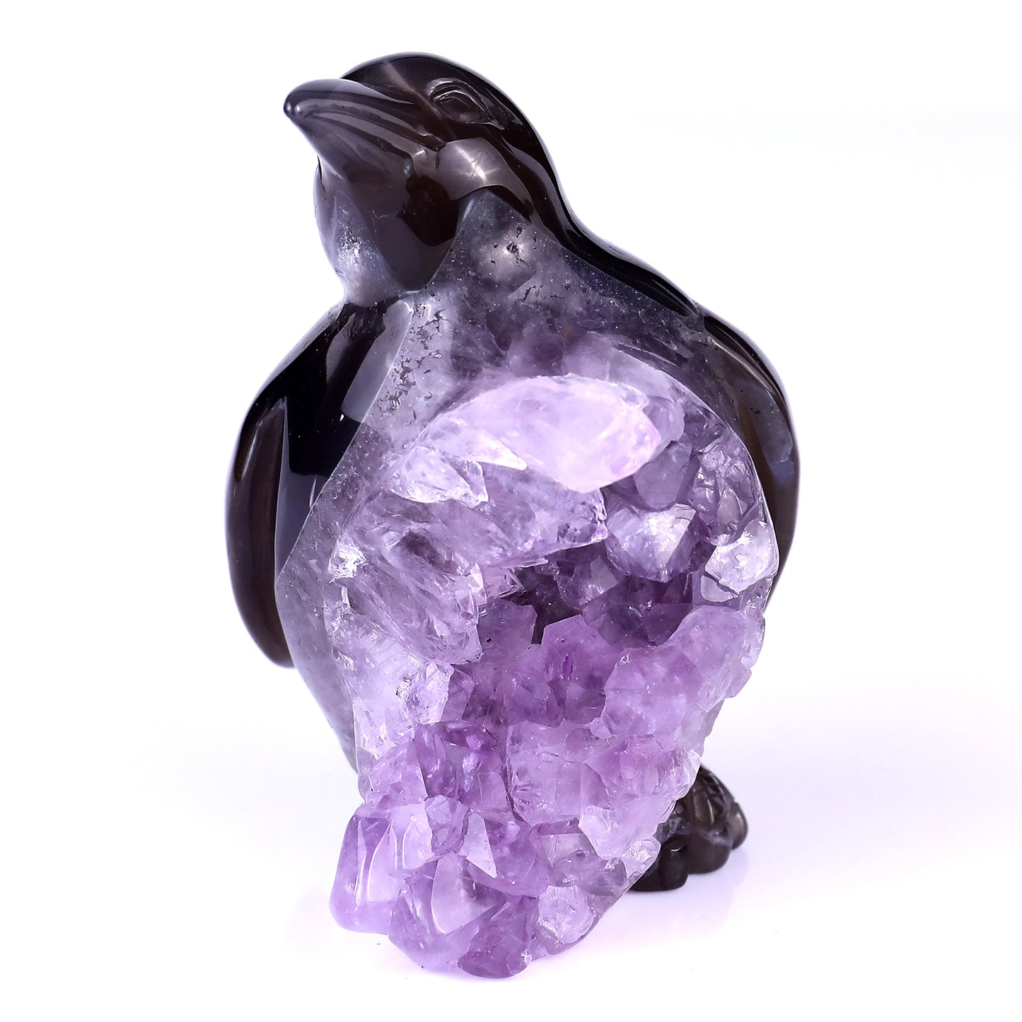 3.9" Amethyst Druse Agate Hand Carved Crystal Penguin Sculpture Crystallumi