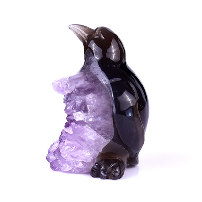 3.9" Amethyst Druse Agate Hand Carved Crystal Penguin Sculpture Crystallumi