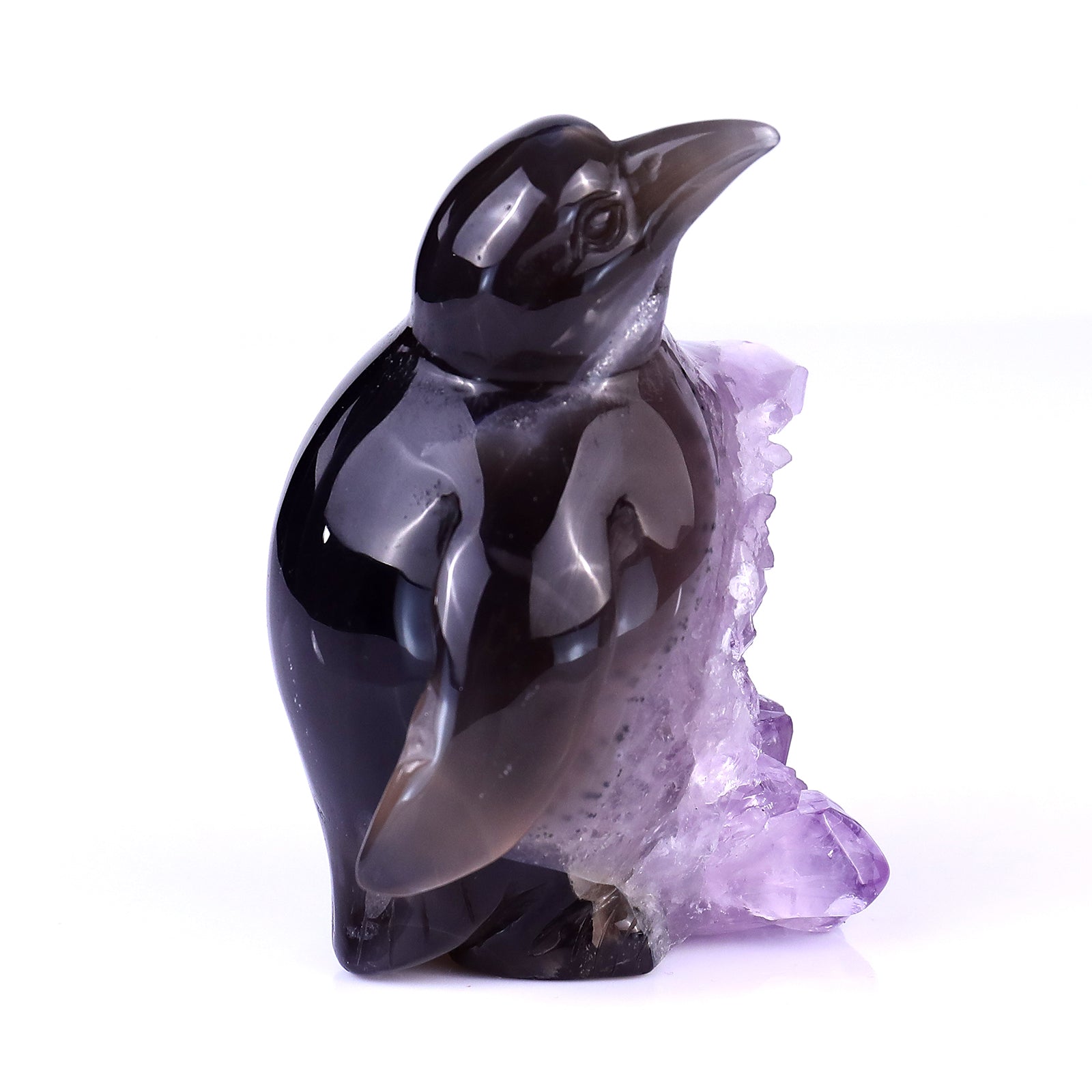 3.9" Amethyst Druse Agate Hand Carved Crystal Penguin Sculpture Crystallumi