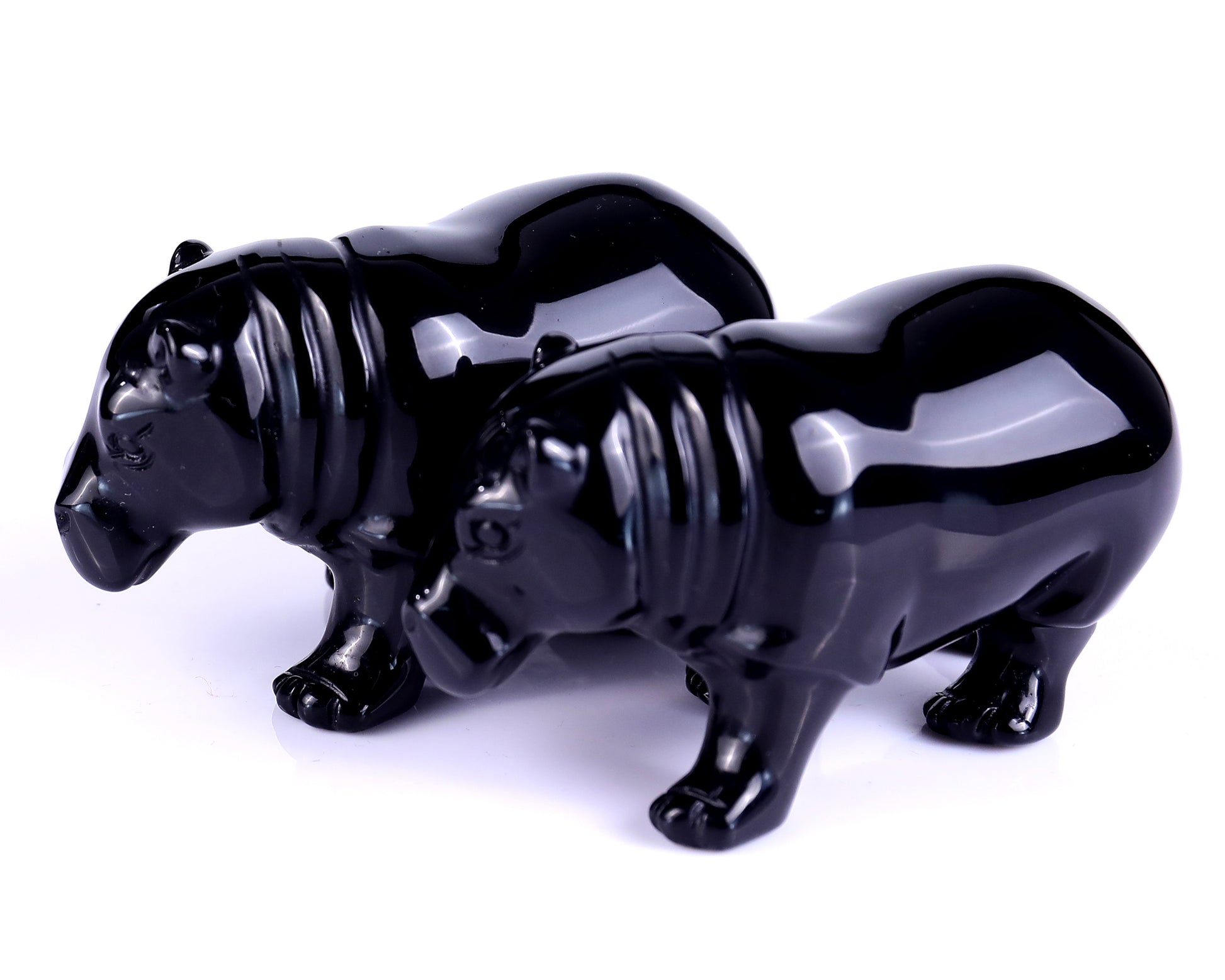 3.9" Black Obsidian Hand Carved Crystal Hippo Sculpture Crystallumi