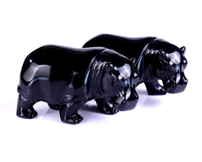 3.9" Black Obsidian Hand Carved Crystal Hippo Sculpture Crystallumi