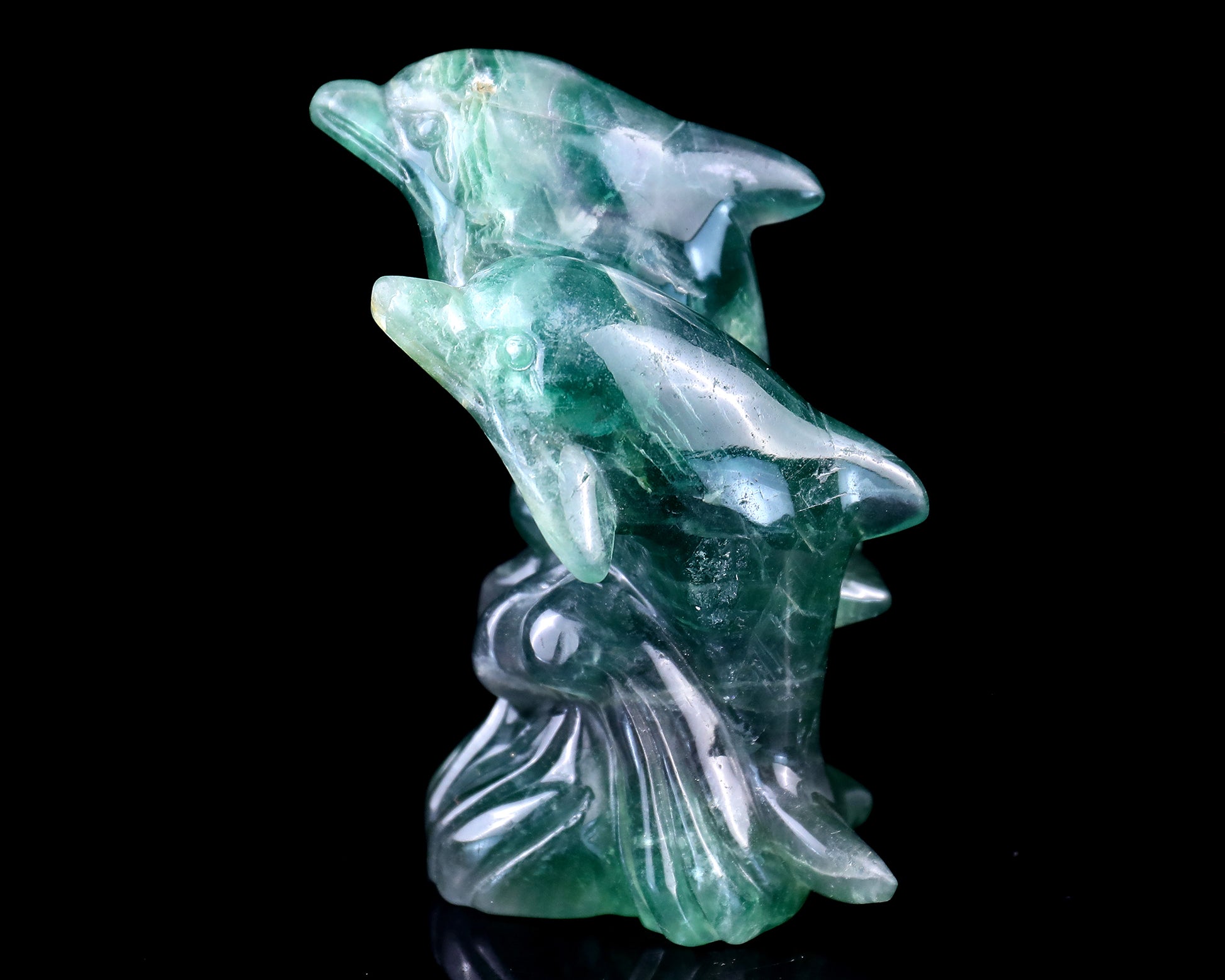 3.9" Fluorite Hand Carved Crystal Dolphins Sculpture Crystallumi