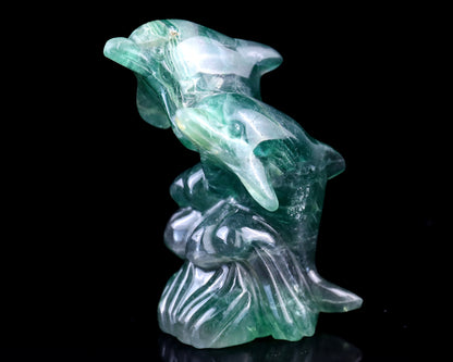 3.9" Fluorite Hand Carved Crystal Dolphins Sculpture Crystallumi