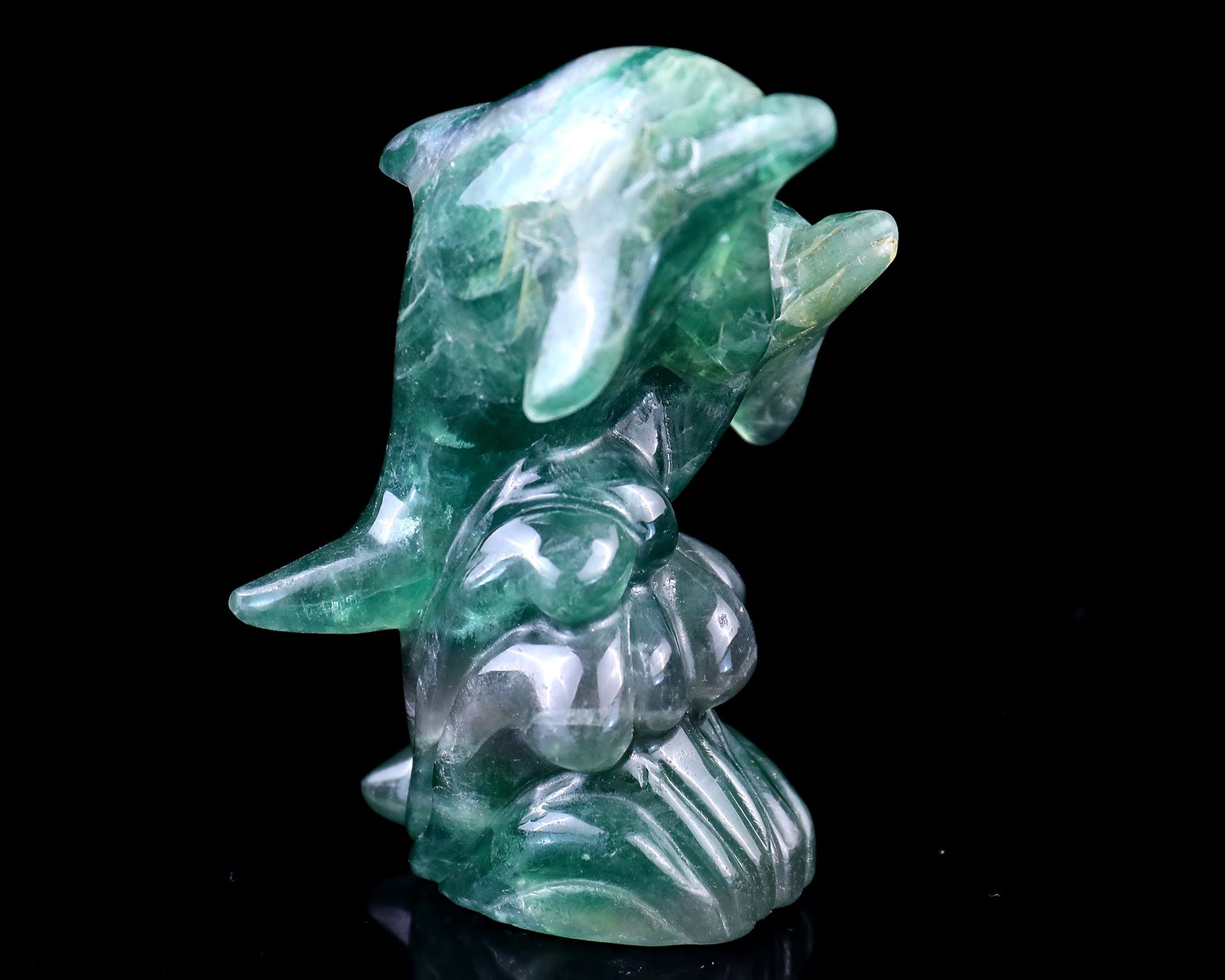 3.9" Fluorite Hand Carved Crystal Dolphins Sculpture Crystallumi