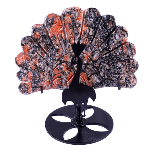 3.9" Orange Calcite Hand Carved Crystal Peacock Tail Wings Sculpture Crystallumi