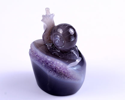 3.6" Amethyst Geode Agate Hand Carved Crystal Snail Sculpture