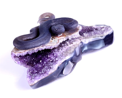 10.9" Amethyst Geode Agate Hand Carved Crystal Snake Sculpture