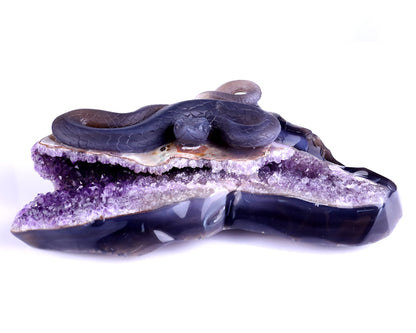 10.9" Amethyst Geode Agate Hand Carved Crystal Snake Sculpture