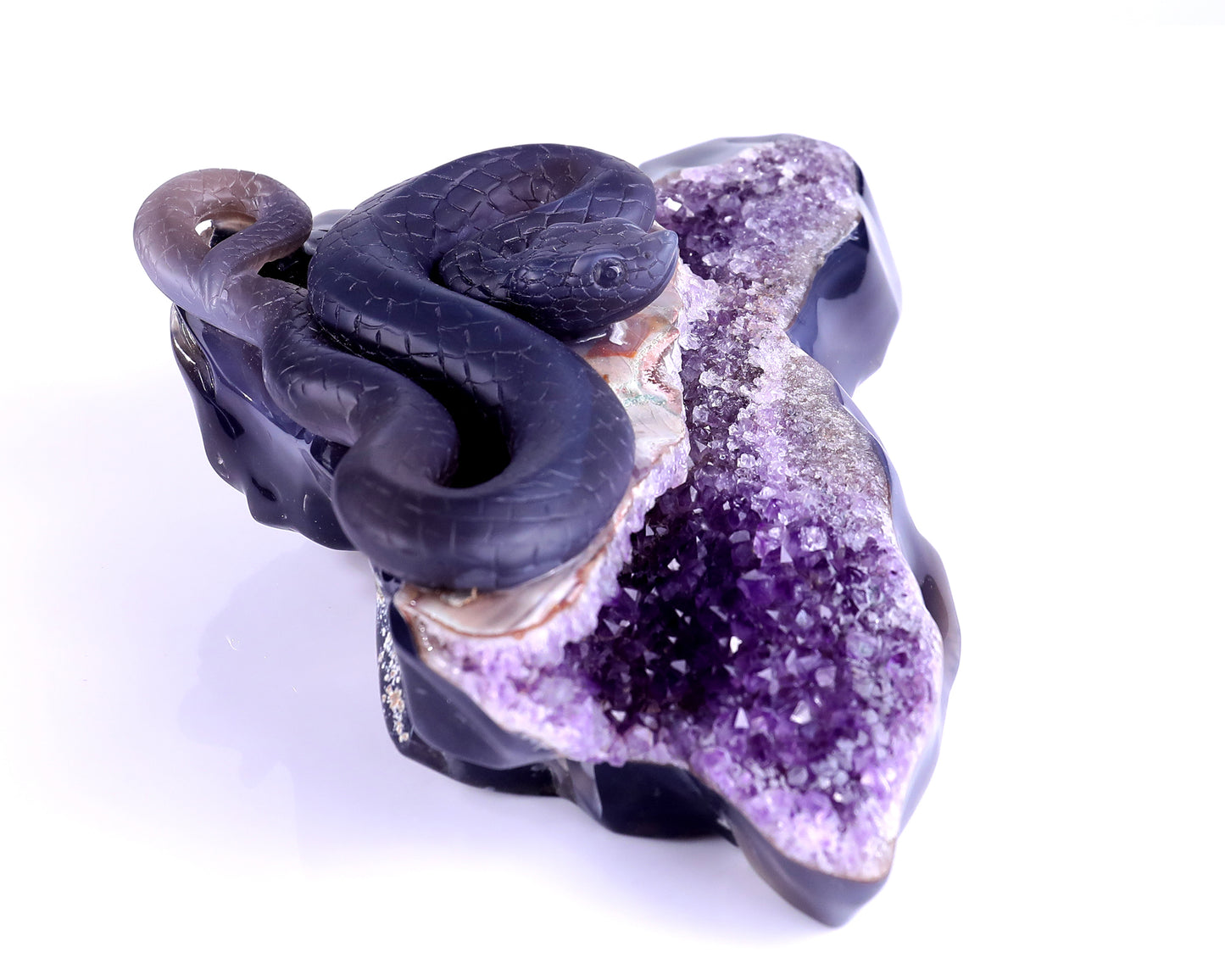 10.9" Amethyst Geode Agate Hand Carved Crystal Snake Sculpture