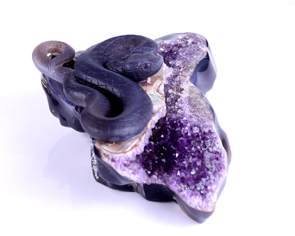 10.9" Amethyst Geode Agate Hand Carved Crystal Snake Sculpture