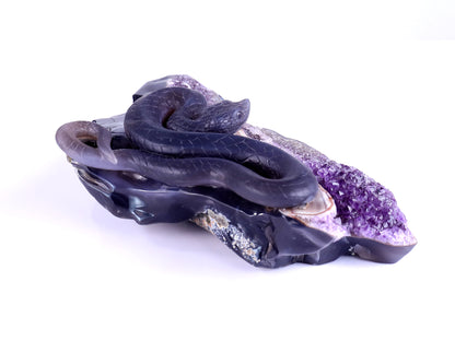 10.9" Amethyst Geode Agate Hand Carved Crystal Snake Sculpture