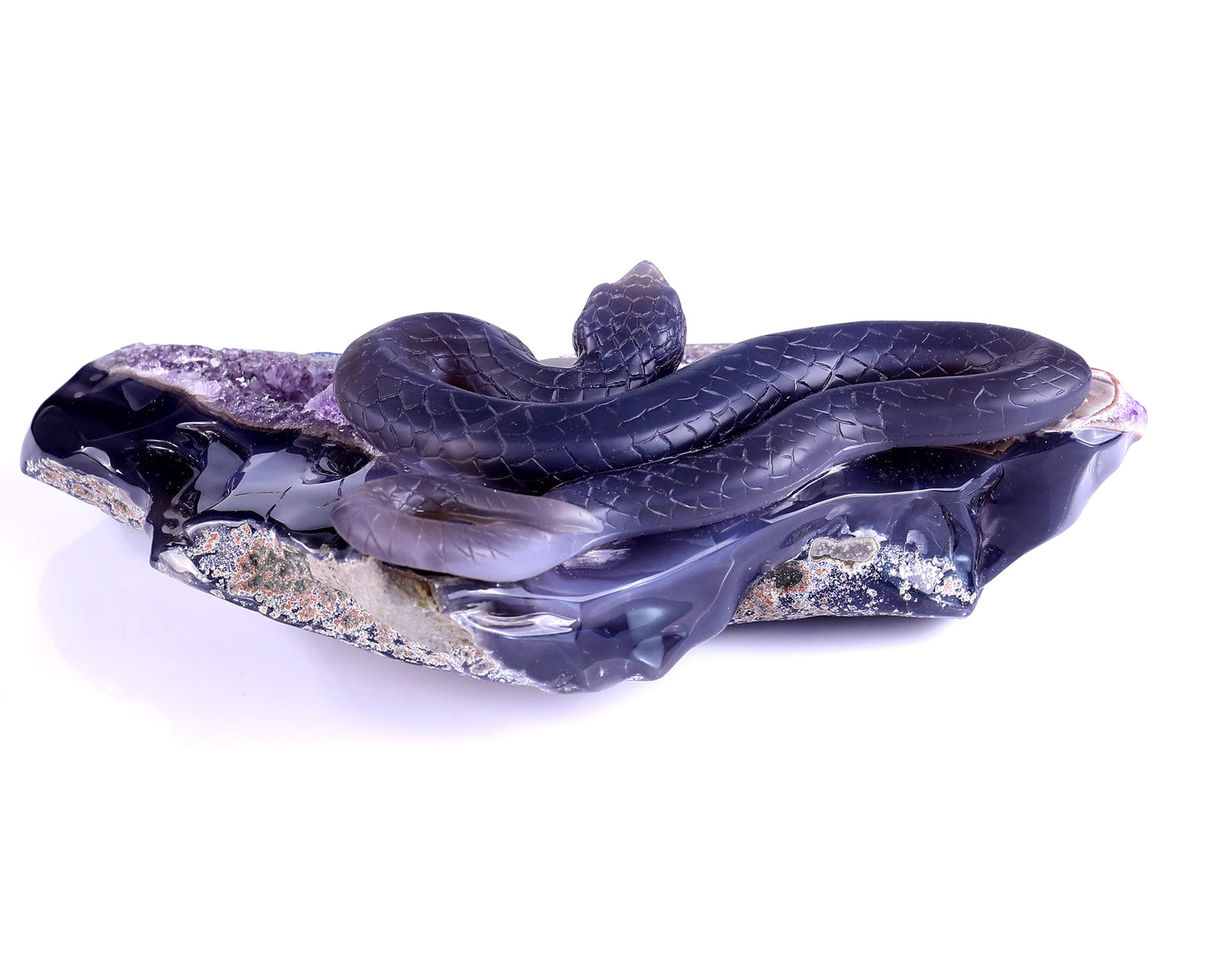 10.9" Amethyst Geode Agate Hand Carved Crystal Snake Sculpture