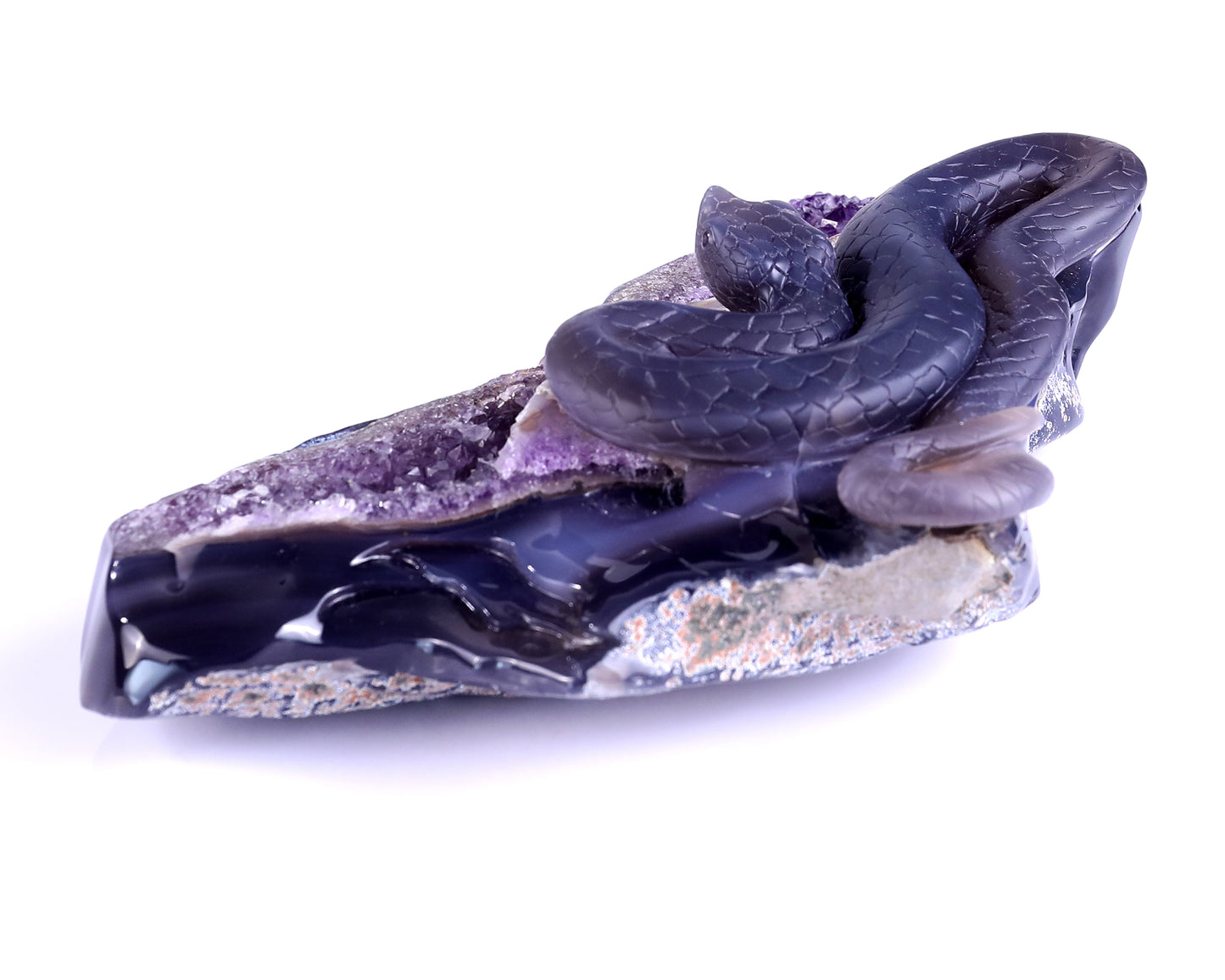 10.9" Amethyst Geode Agate Hand Carved Crystal Snake Sculpture