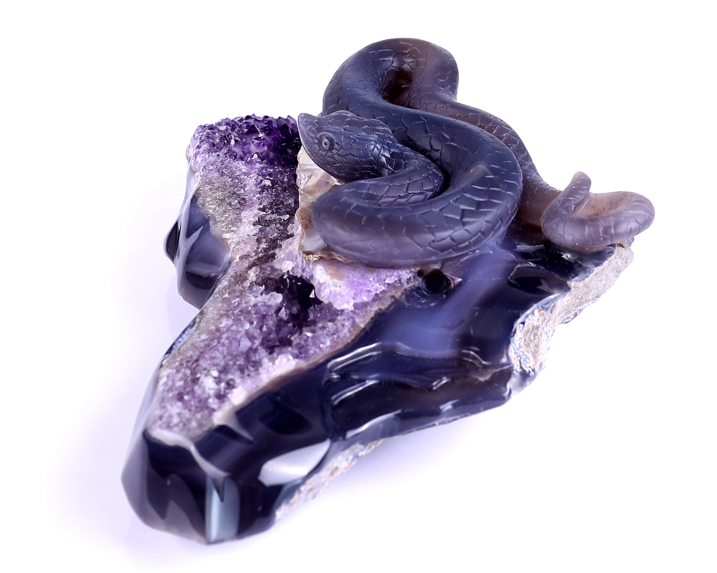 10.9" Amethyst Geode Agate Hand Carved Crystal Snake Sculpture