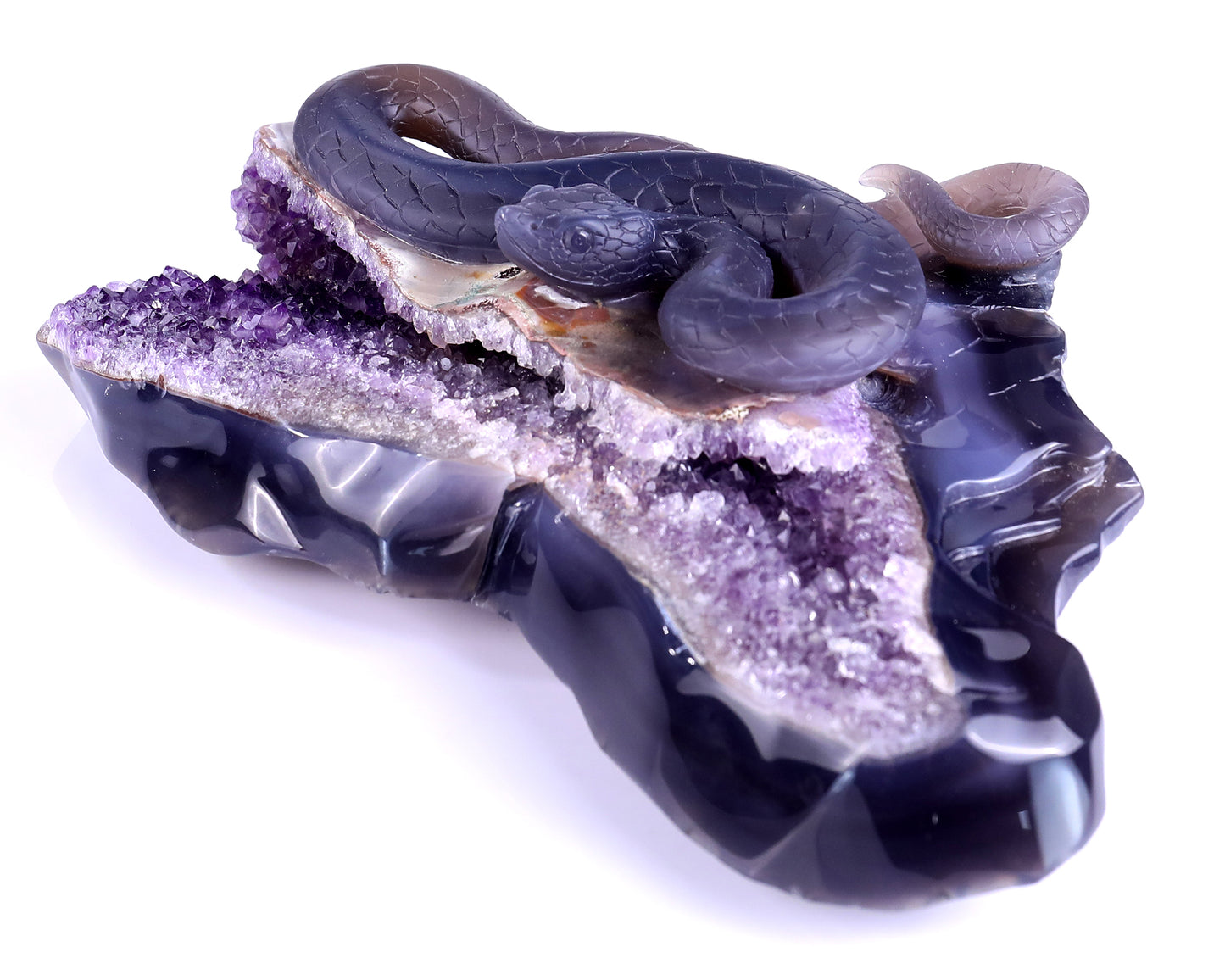 10.9" Amethyst Geode Agate Hand Carved Crystal Snake Sculpture