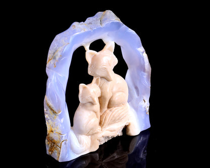 6.5" Blue Chalcedony Hand Carved Crystal Foxes Sculpture