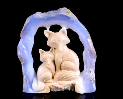 6.5" Blue Chalcedony Hand Carved Crystal Foxes Sculpture