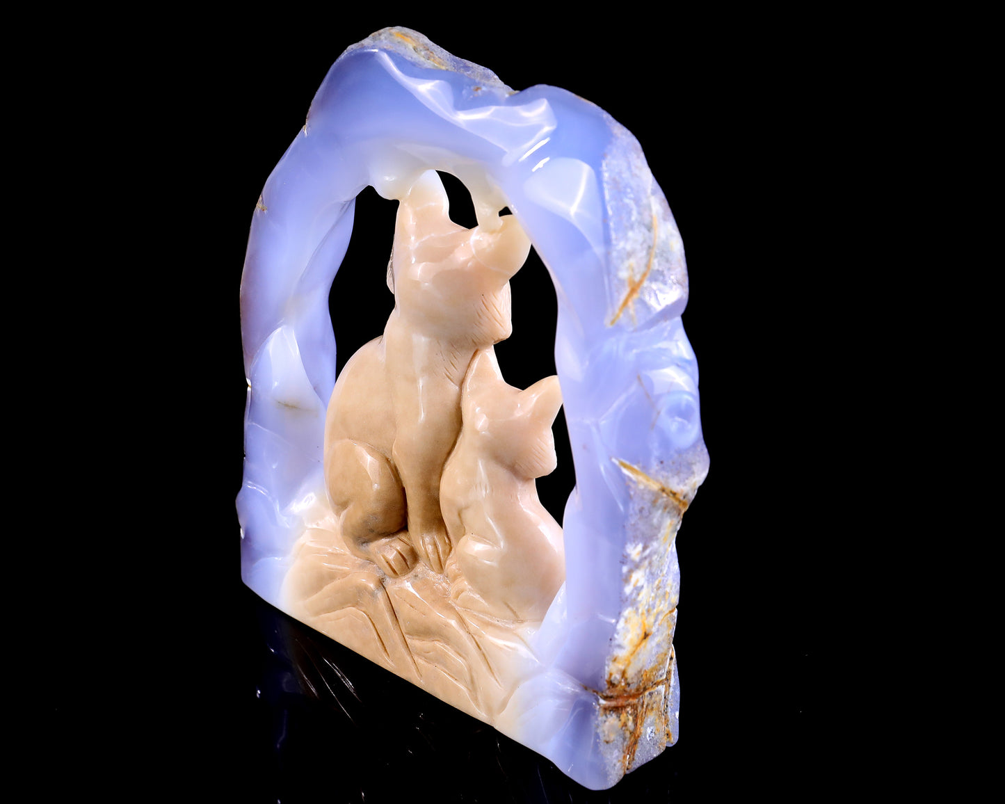 6.5" Blue Chalcedony Hand Carved Crystal Foxes Sculpture