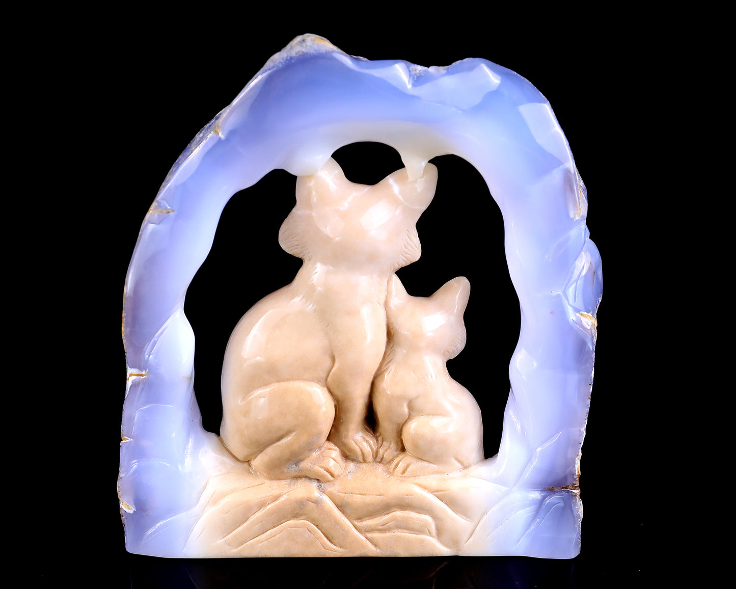 6.5" Blue Chalcedony Hand Carved Crystal Foxes Sculpture