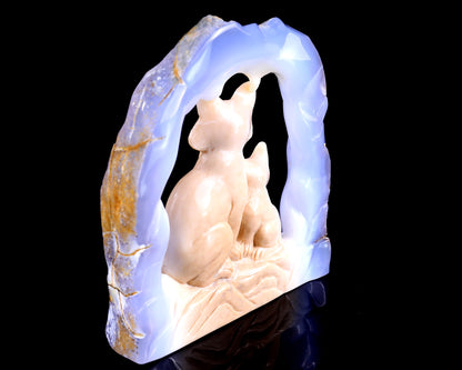 6.5" Blue Chalcedony Hand Carved Crystal Foxes Sculpture