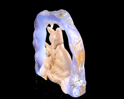 6.5" Blue Chalcedony Hand Carved Crystal Foxes Sculpture