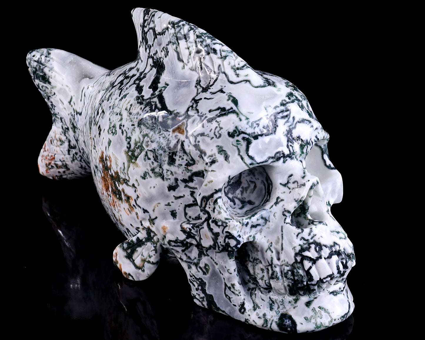 11.4" Moss Agate Hand Carved Crystal Fish Shape Skull Sculpture