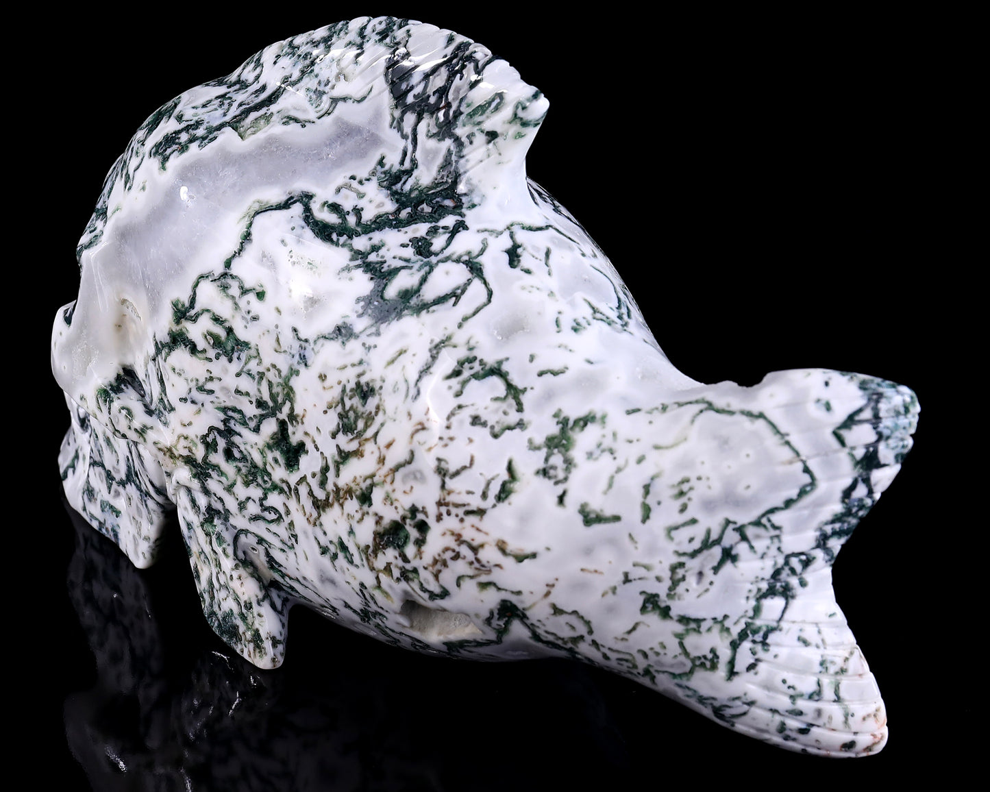 11.4" Moss Agate Hand Carved Crystal Fish Shape Skull Sculpture